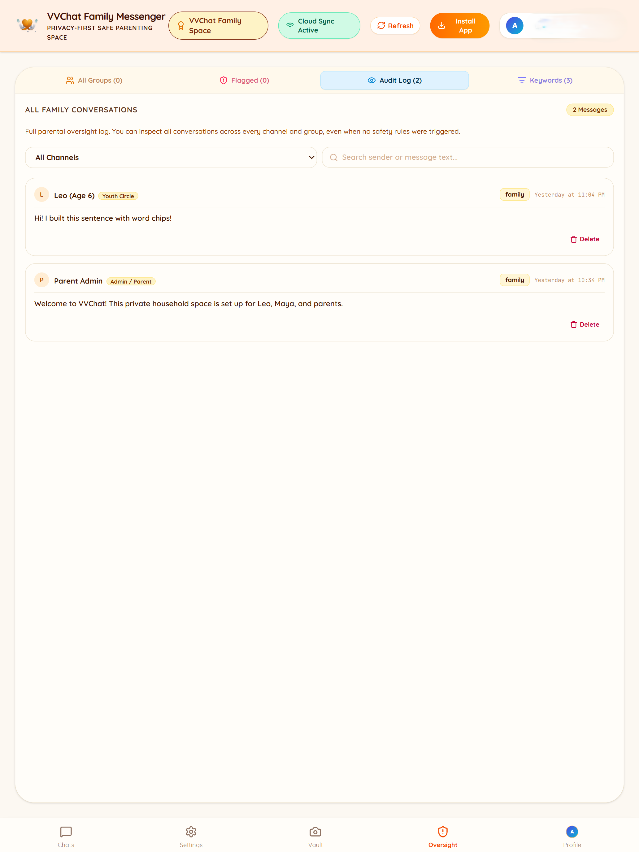 VVChat Tablet and Desktop Parental Oversight Dashboard
