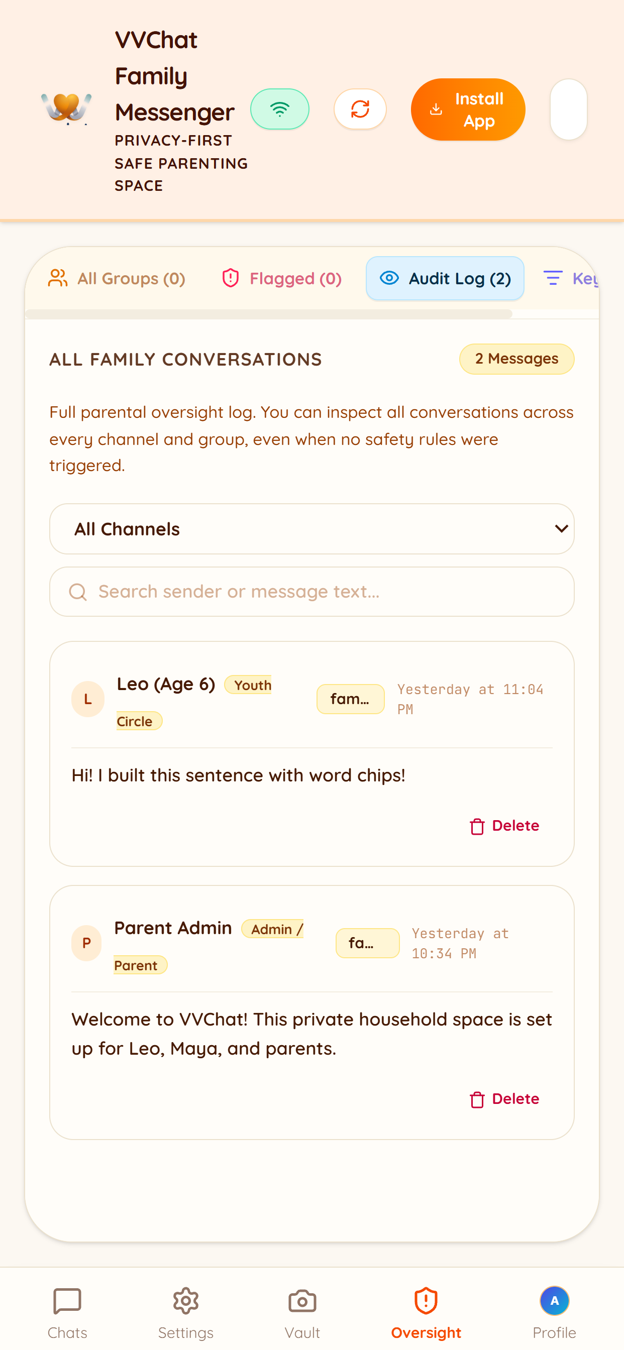VVChat Mobile Parental Oversight and Audit Log